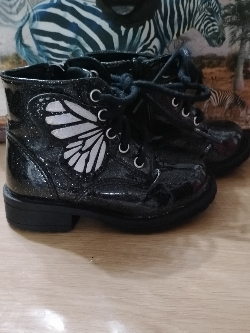 Kids Black Glitter Lace-Up Boots with Wing Detail